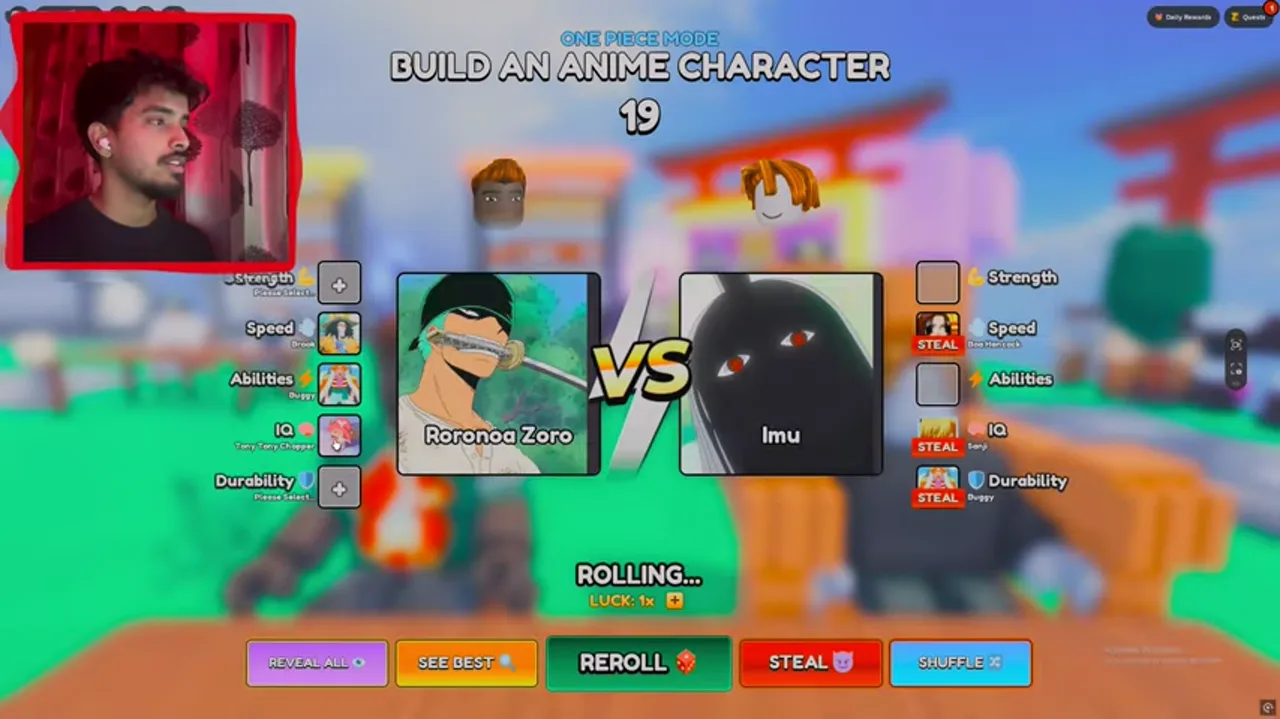 Character roll with five attribute slots on the left and the One Piece Mode header.