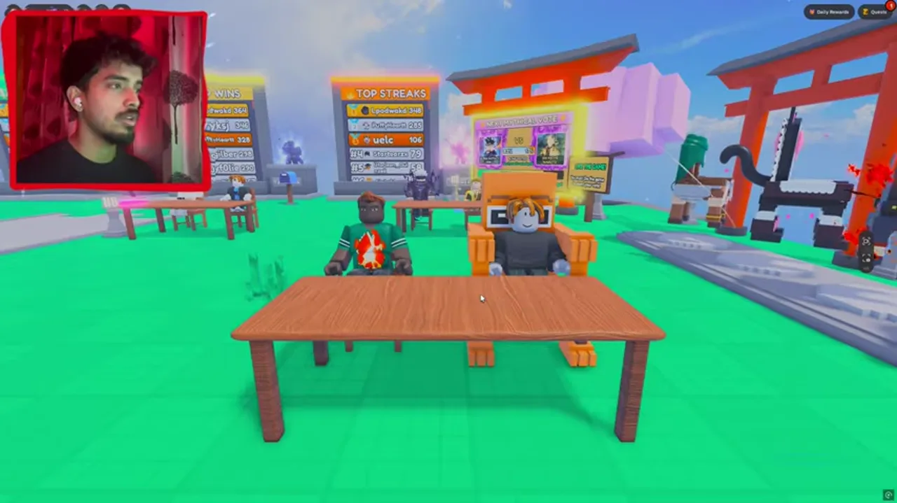 Two players seated opposite each other at a match table in the lobby.